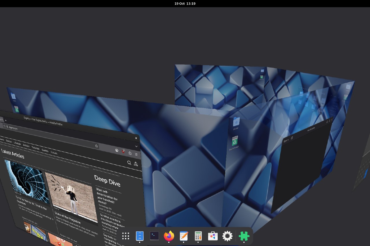 Screenshot of the GNOME desktop in 3D cube mode by a shell extension